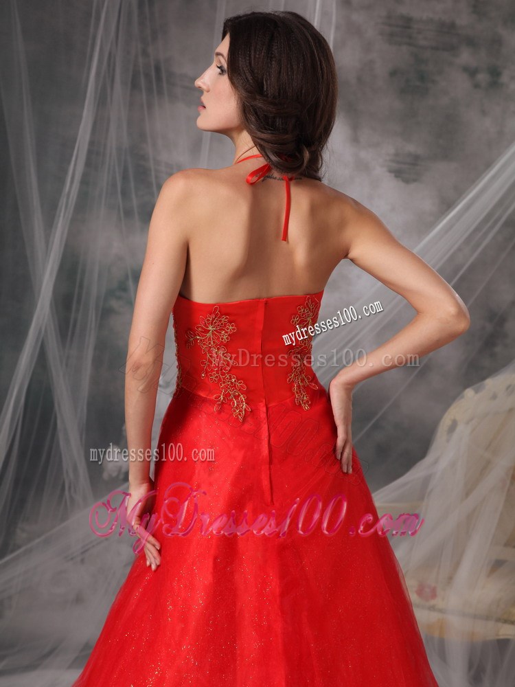 Unique Red Halter New Prom Dresses Beading and Appliques