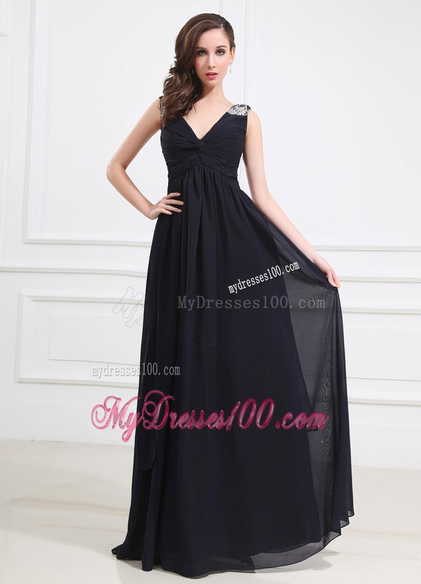 Cheap Beading Shoulder Empire V-neck Long Prom Dress Navy Blue