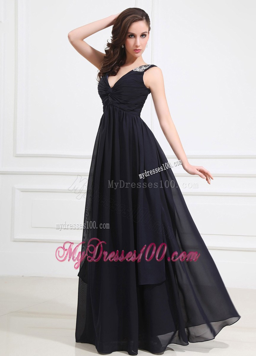 Cheap Beading Shoulder Empire V-neck Long Prom Dress Navy Blue