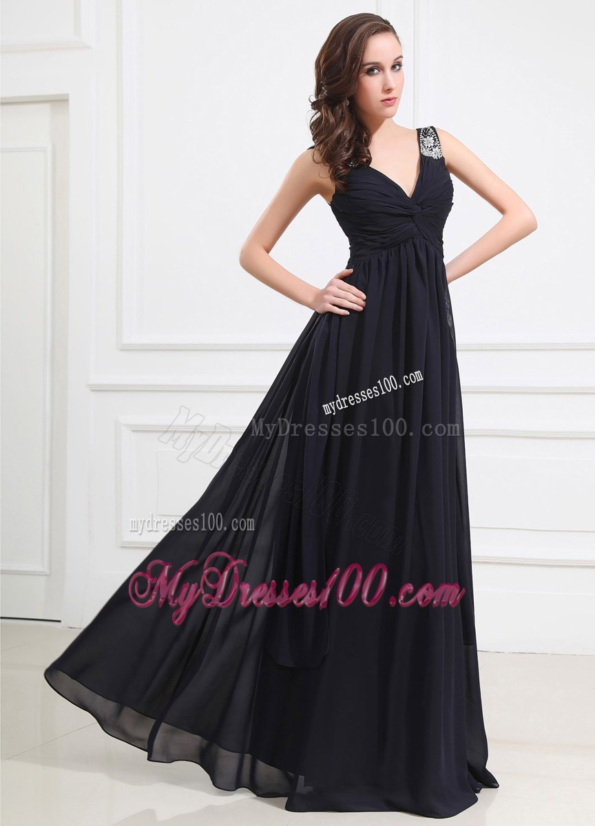 Cheap Beading Shoulder Empire V-neck Long Prom Dress Navy Blue