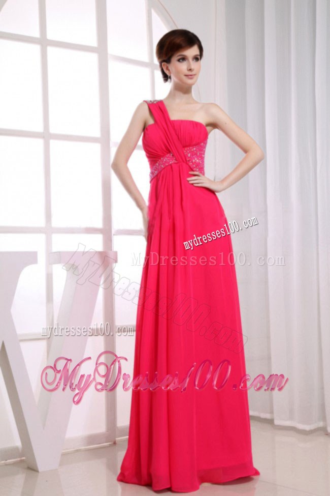 Beading One Shoulder Hot Pink Empire Floor-length Red Prom Dress