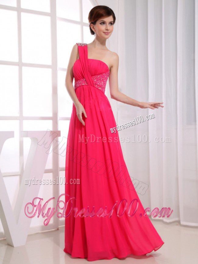 Beading One Shoulder Hot Pink Empire Floor-length Red Prom Dress