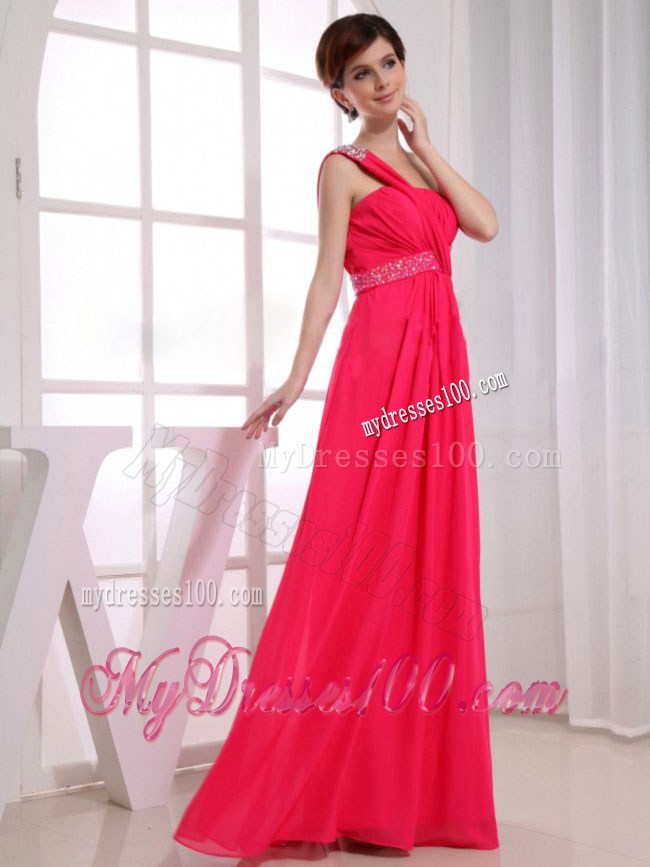 Beading One Shoulder Hot Pink Empire Floor-length Red Prom Dress