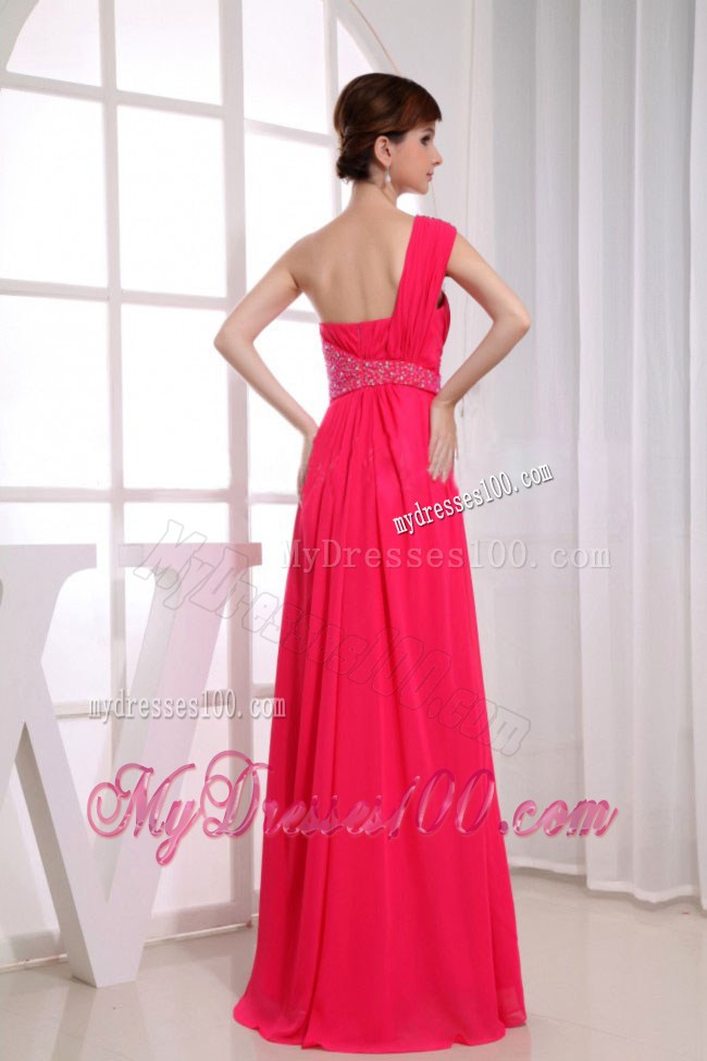 Beading One Shoulder Hot Pink Empire Floor-length Red Prom Dress