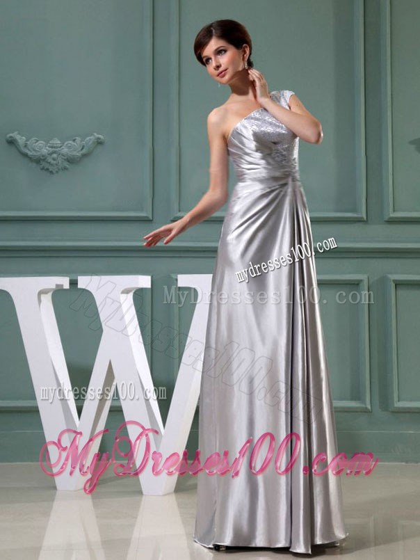 Beading One Shoulder Grey Floor-length Column Cheap Prom Dresses