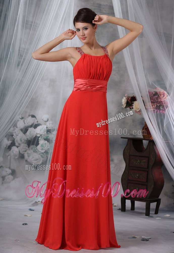 Beaded and Ruched Red Straps Floor-length For 2013 Prom Dresses
