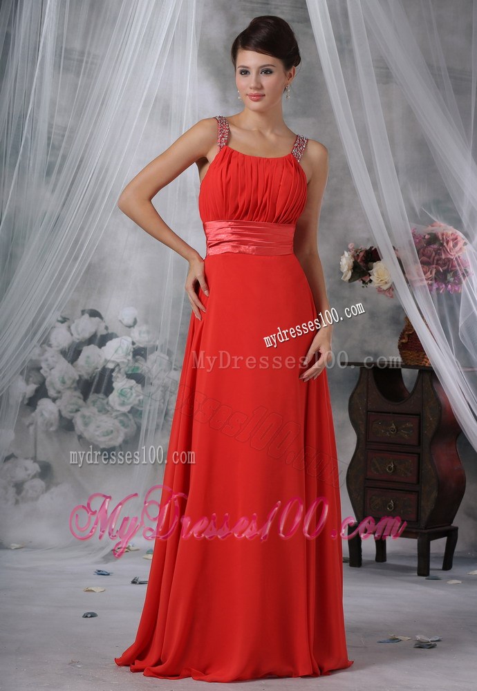 Beaded and Ruched Red Straps Floor-length For 2013 Prom Dresses