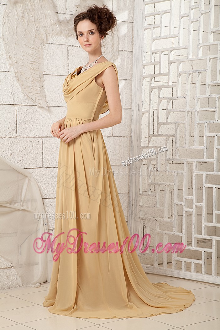 Classical Champagne Empire V-neck Prom Dress Beading Brush Train