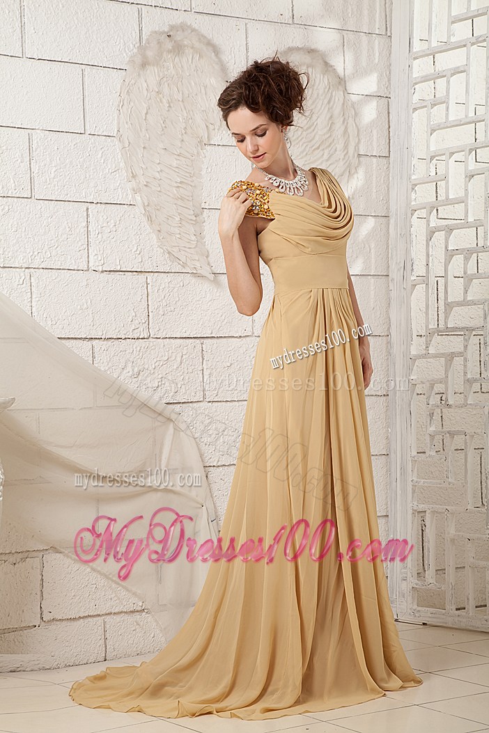 Classical Champagne Empire V-neck Prom Dress Beading Brush Train