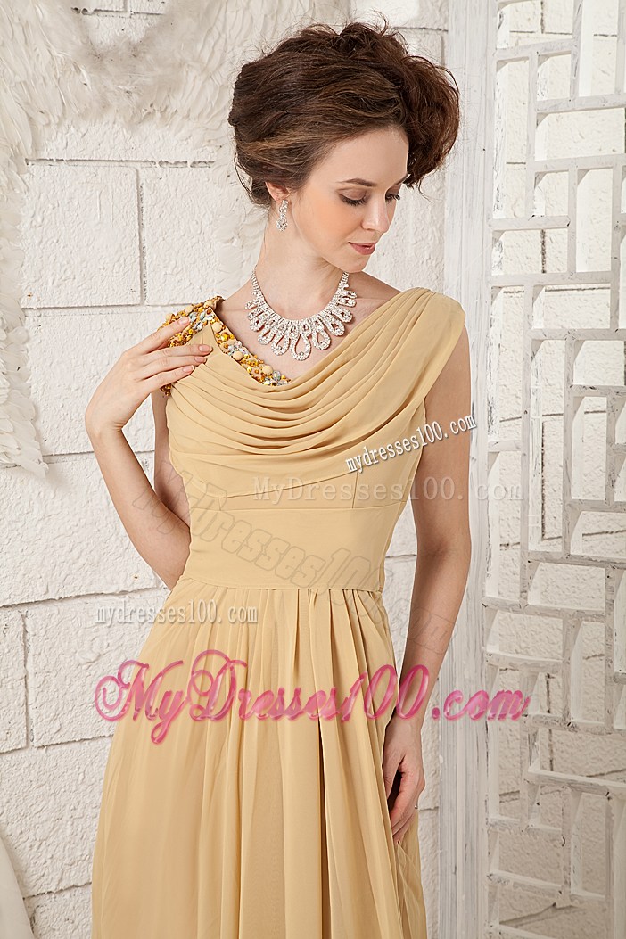 Classical Champagne Empire V-neck Prom Dress Beading Brush Train