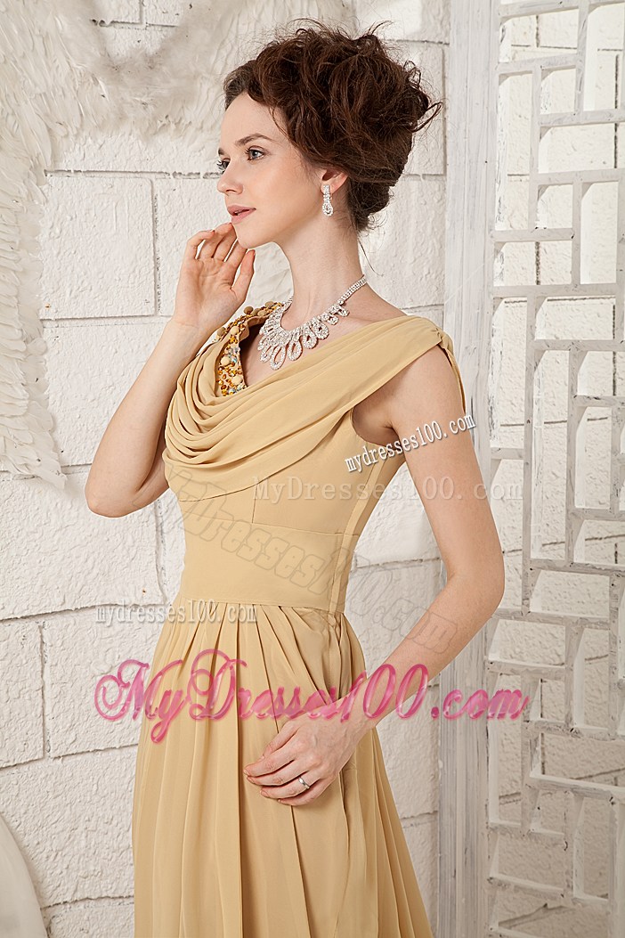 Classical Champagne Empire V-neck Prom Dress Beading Brush Train