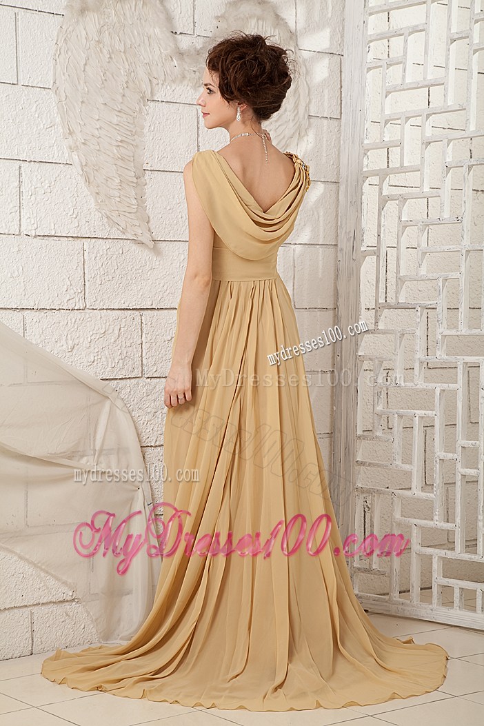 Classical Champagne Empire V-neck Prom Dress Beading Brush Train