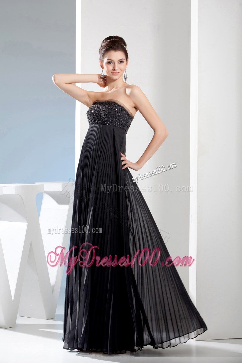 Beading long Black Strapless Empire Prom Dress With Natural Waist