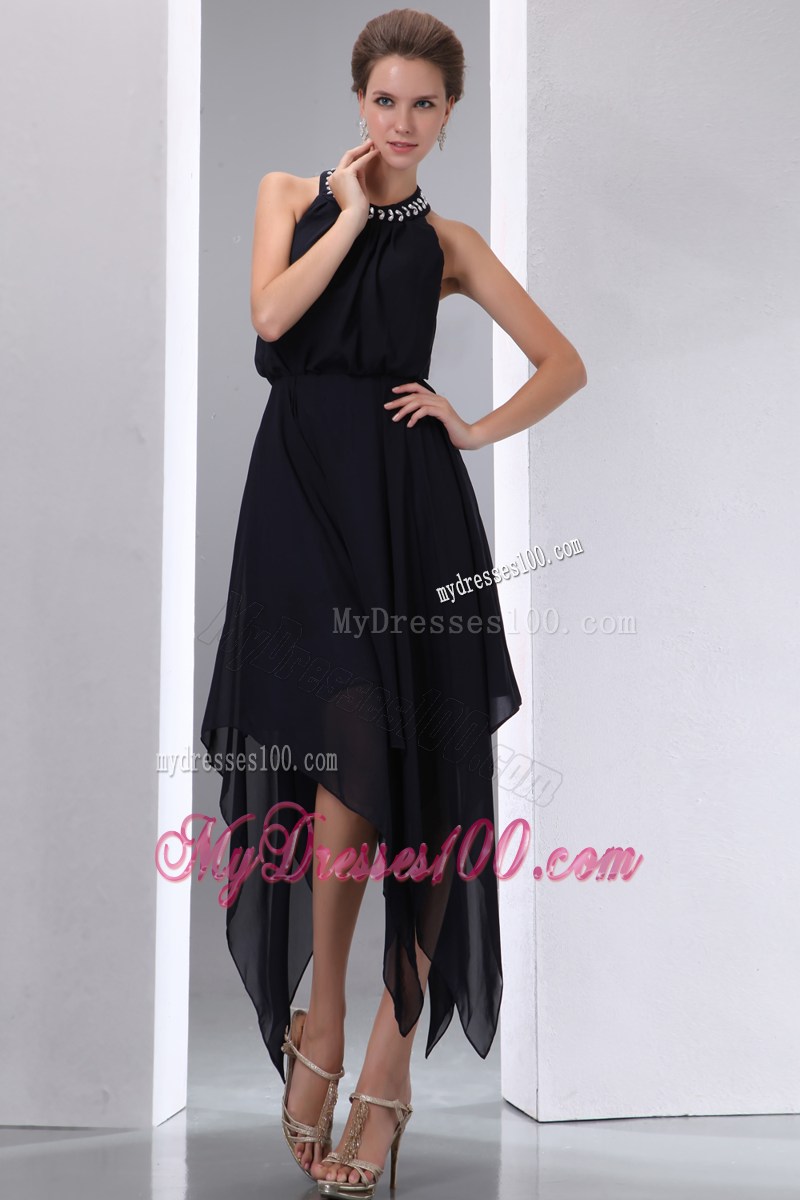 Simple Black Halter Asymmetrical Beading Junior Prom Dresses Empire