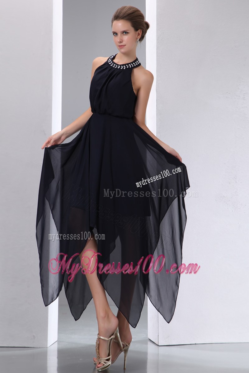 Simple Black Halter Asymmetrical Beading Junior Prom Dresses Empire