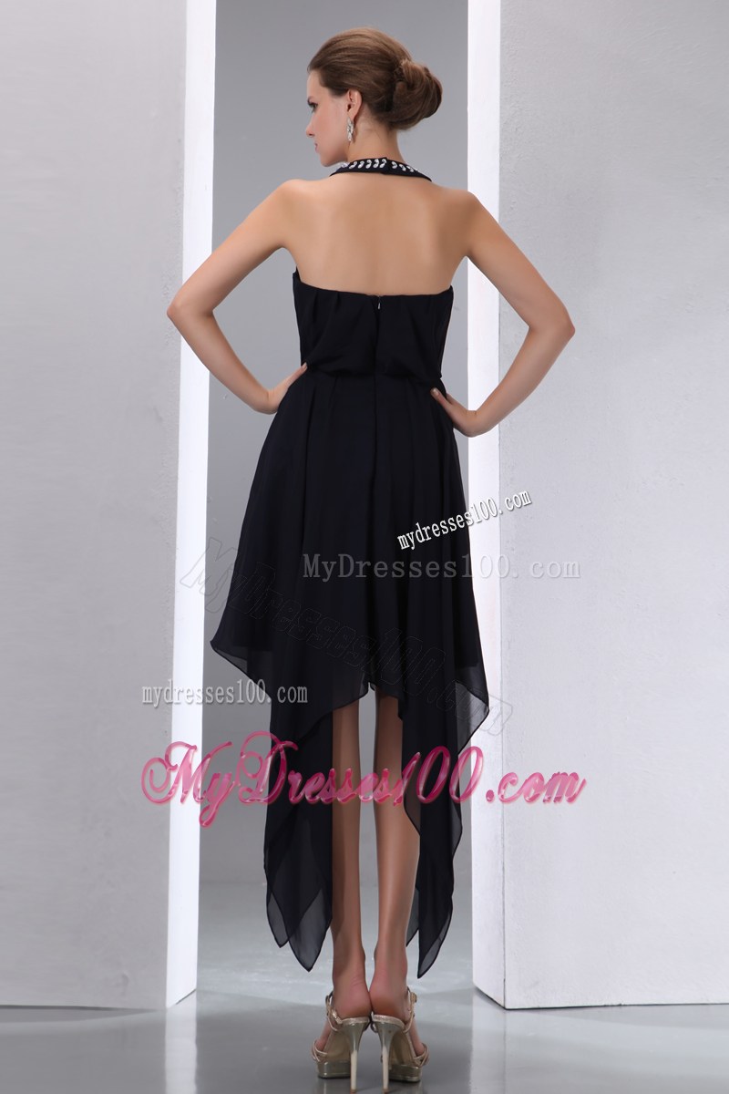 Simple Black Halter Asymmetrical Beading Junior Prom Dresses Empire