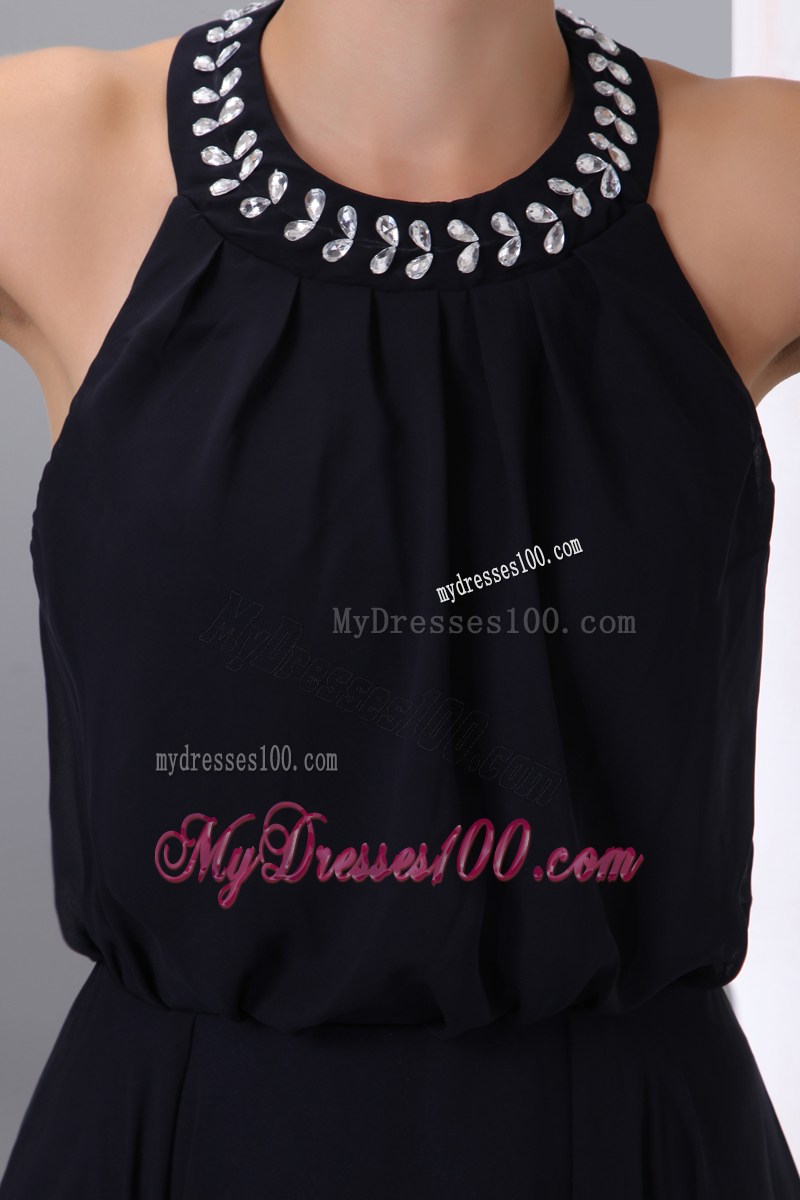Simple Black Halter Asymmetrical Beading Junior Prom Dresses Empire