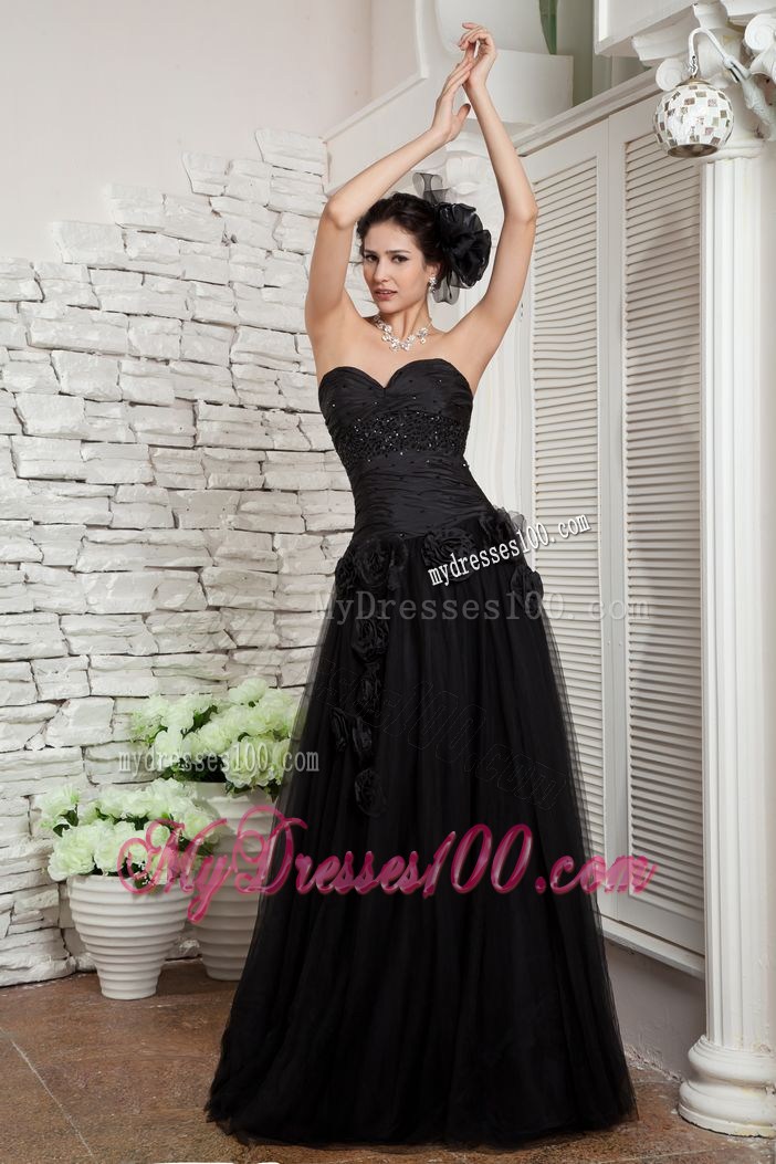 Modest Black Empire Prom Dresses Hand Made Flowers Sweetheart