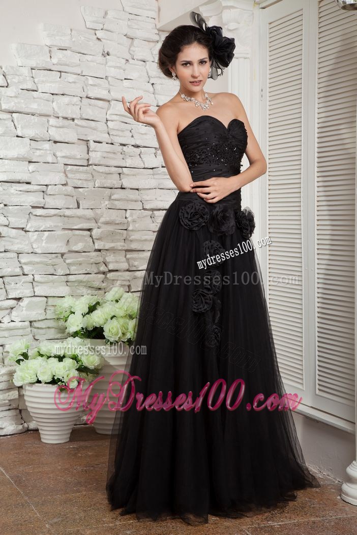 Modest Black Empire Prom Dresses Hand Made Flowers Sweetheart