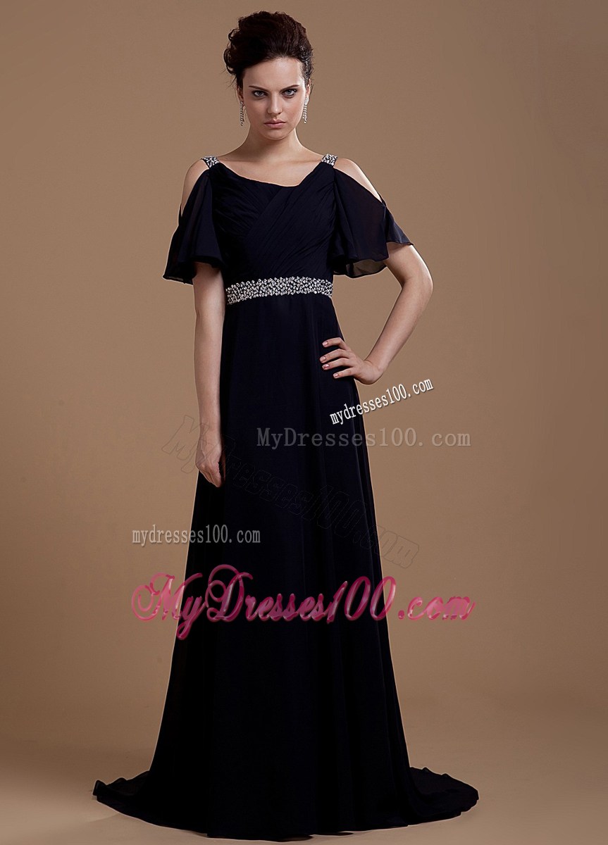 2013 Sale Black Prom Dress With Column V-neck Beaded Brush Train