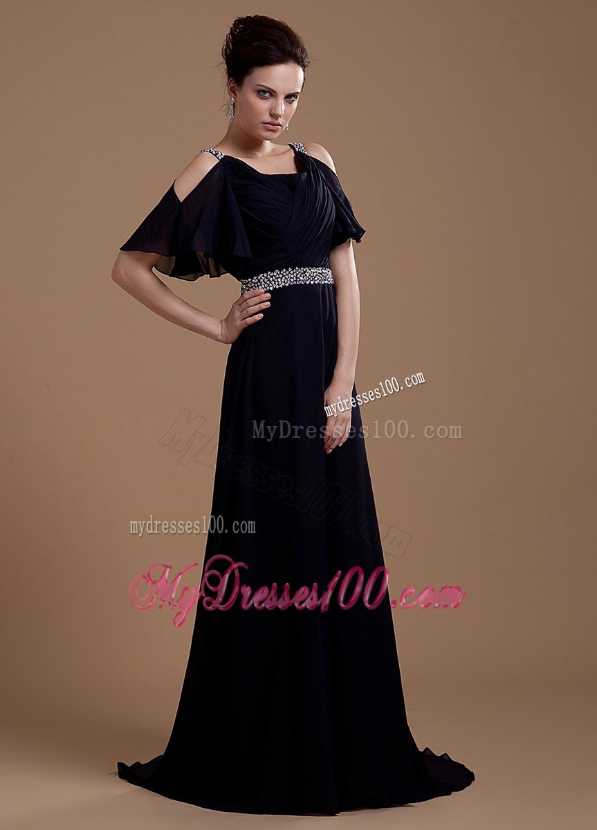 2013 Sale Black Prom Dress With Column V-neck Beaded Brush Train