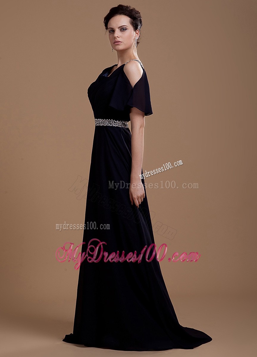 2013 Sale Black Prom Dress With Column V-neck Beaded Brush Train