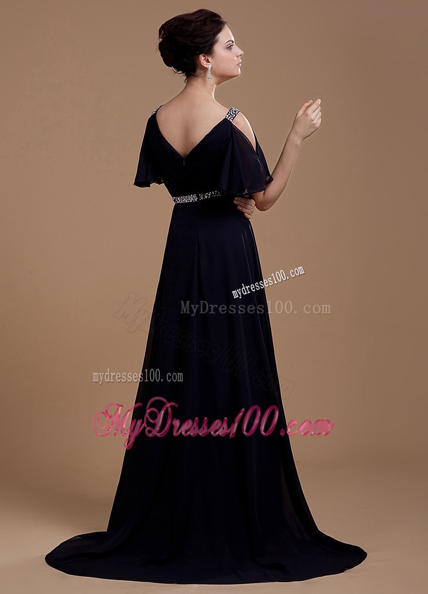 2013 Sale Black Prom Dress With Column V-neck Beaded Brush Train