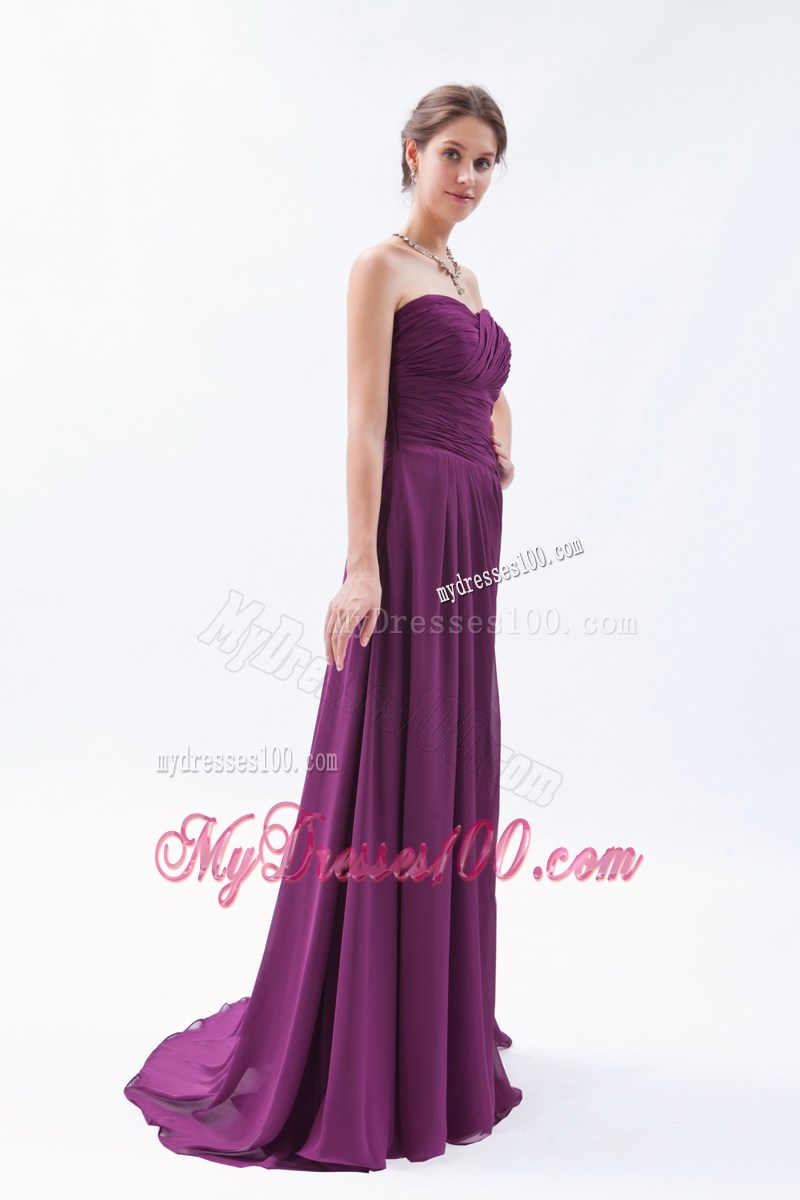 Dark Purple Empire Sweetheart Brush Train Chiffon Ruch Bridesmaid Dress