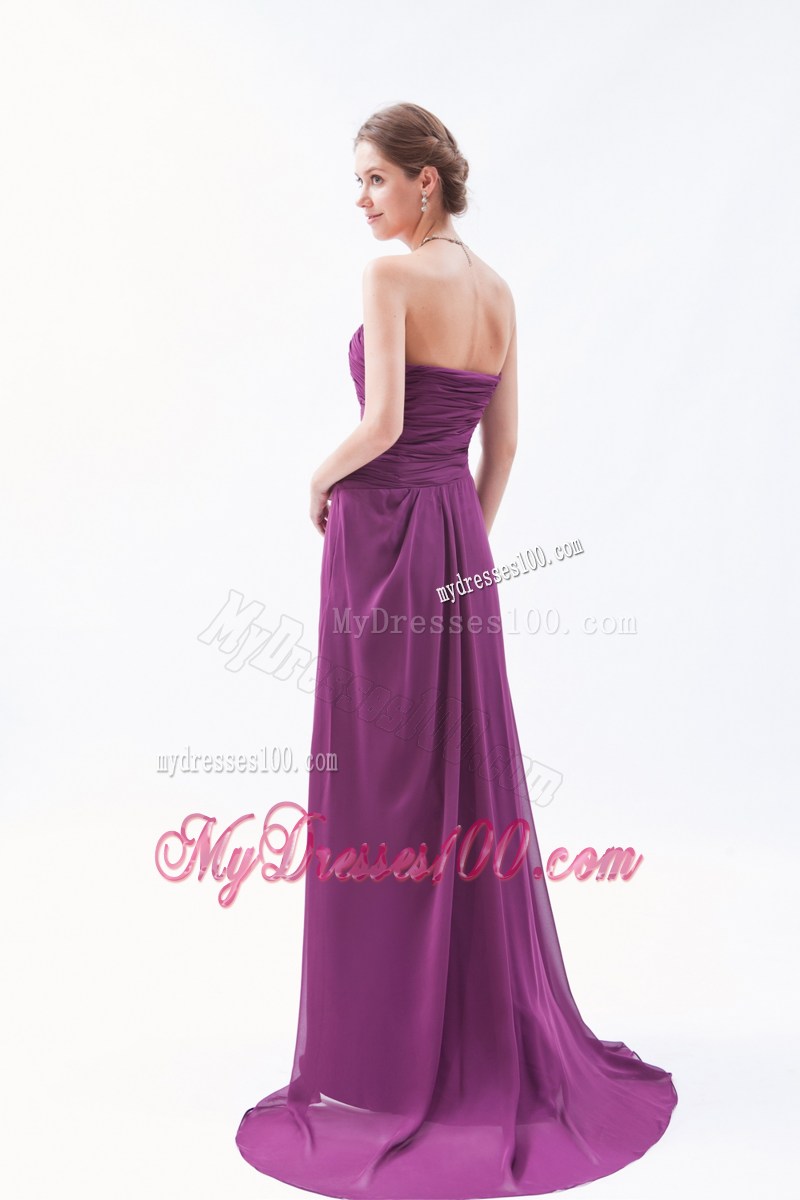 Dark Purple Empire Sweetheart Brush Train Chiffon Ruch Bridesmaid Dress