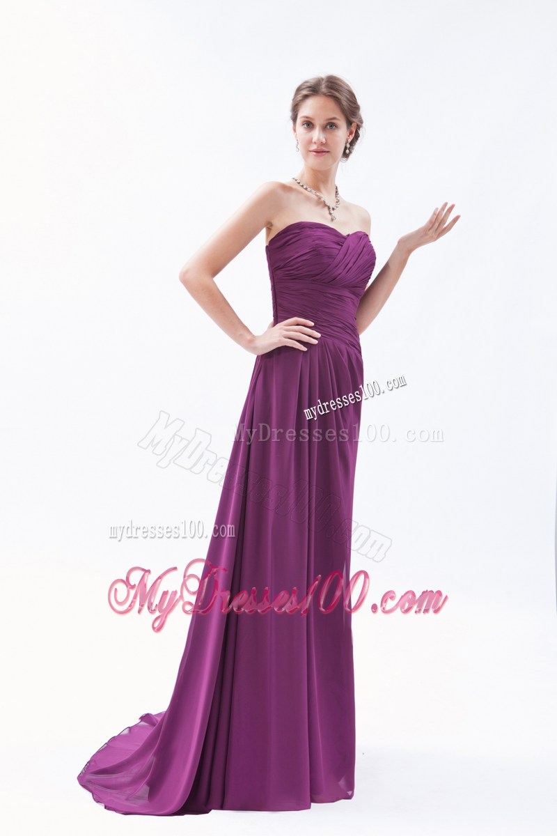 Dark Purple Empire Sweetheart Brush Train Chiffon Ruch Bridesmaid Dress