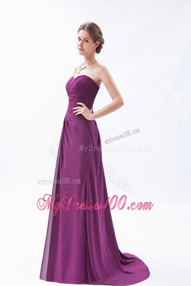 Dark Purple Empire Sweetheart Brush Train Chiffon Ruch Bridesmaid Dress