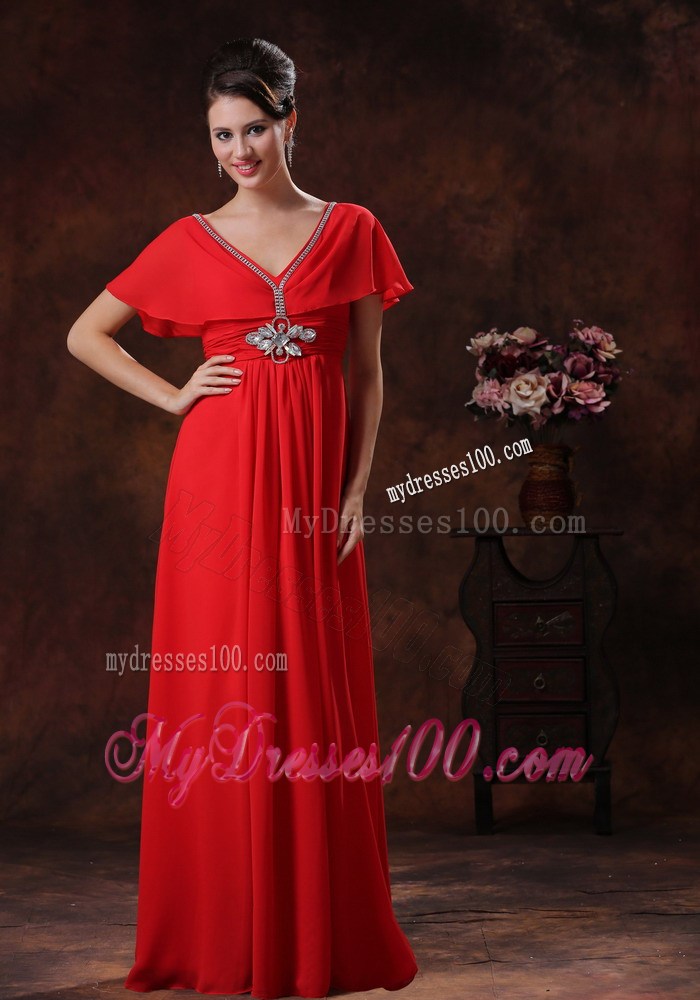 Custom Made Red Column V-neck Prom Dresses Short Sleeves 2013