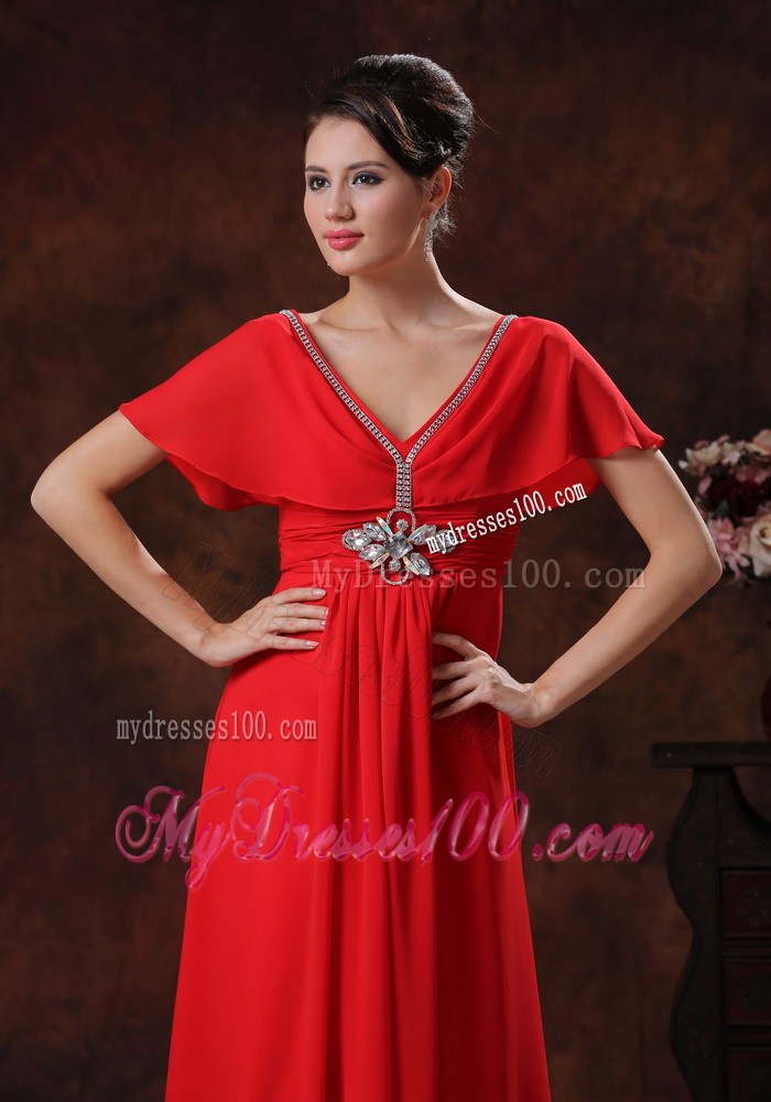Custom Made Red Column V-neck Prom Dresses Short Sleeves 2013
