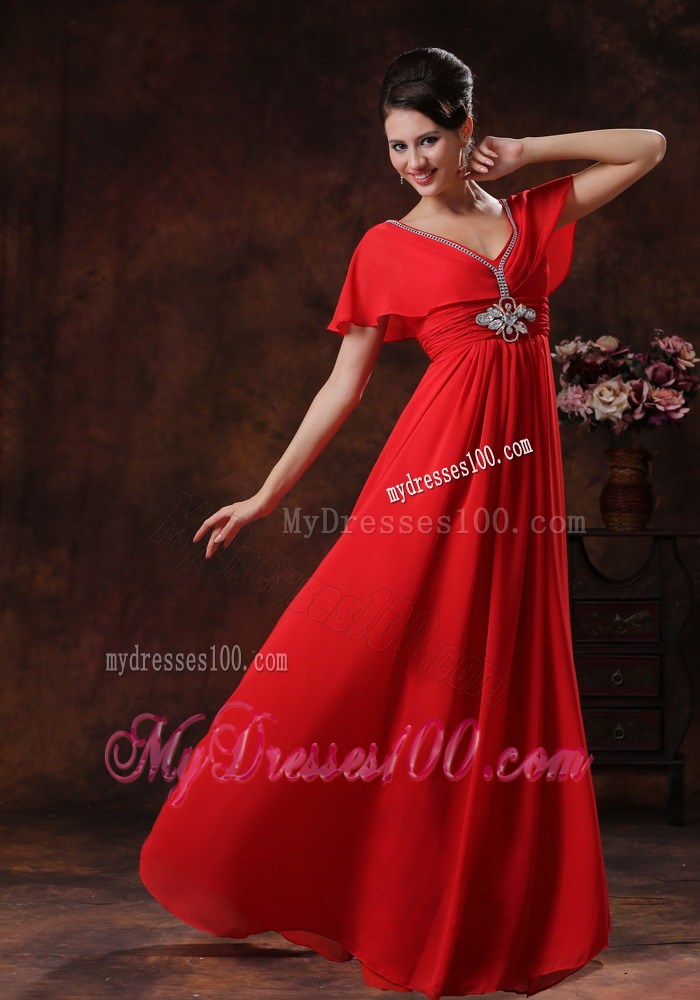 Custom Made Red Column V-neck Prom Dresses Short Sleeves 2013