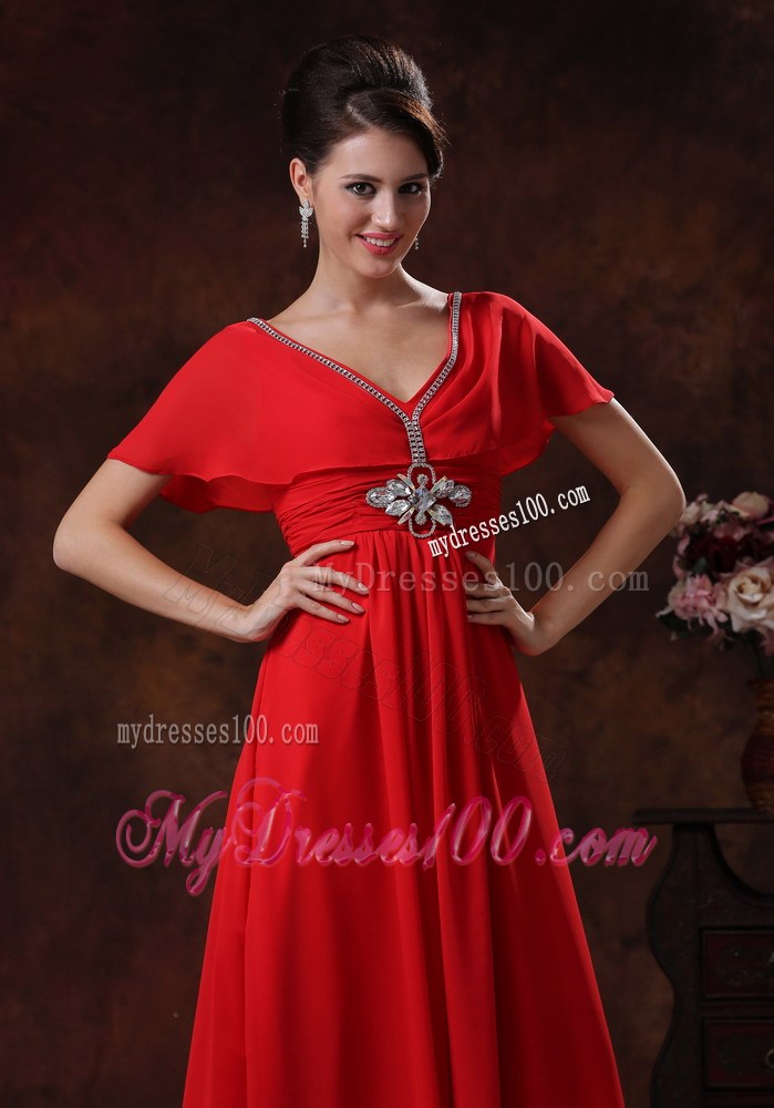 Custom Made Red Column V-neck Prom Dresses Short Sleeves 2013