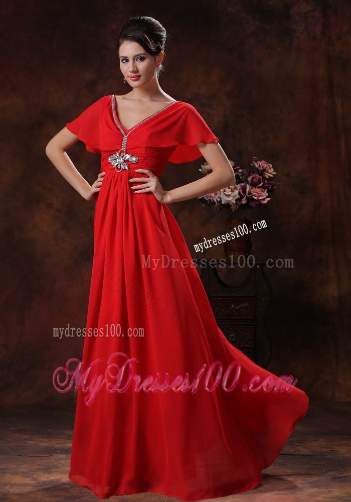 Custom Made Red Column V-neck Prom Dresses Short Sleeves 2013