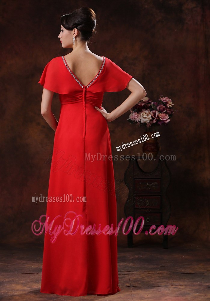 Custom Made Red Column V-neck Prom Dresses Short Sleeves 2013