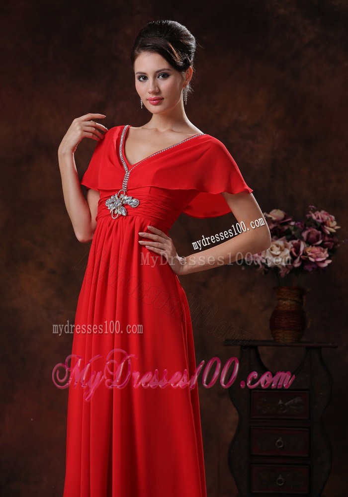 Custom Made Red Column V-neck Prom Dresses Short Sleeves 2013