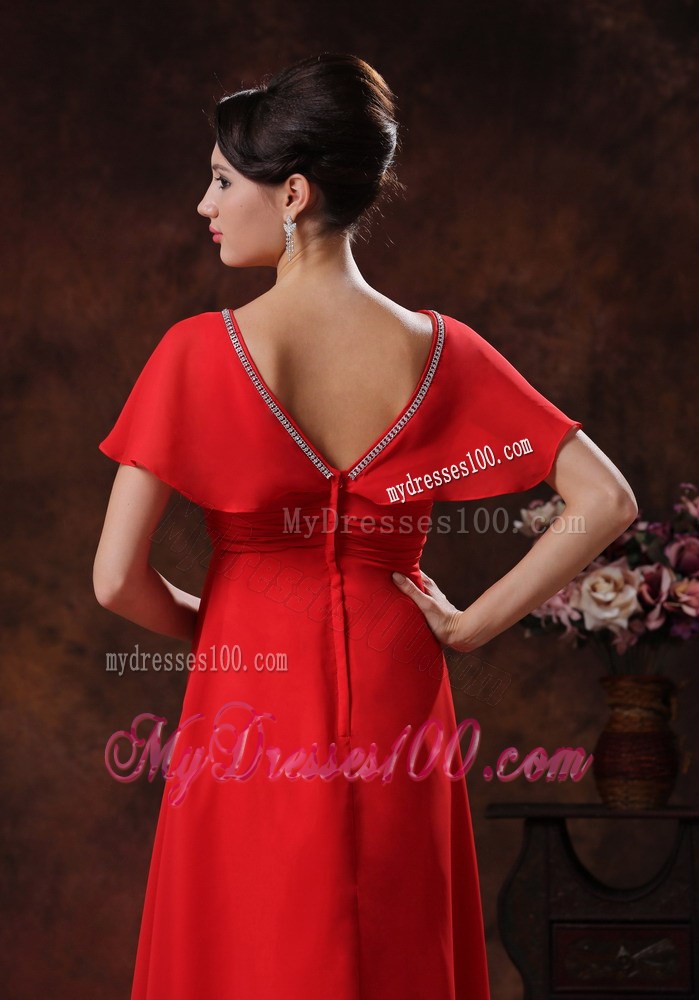 Custom Made Red Column V-neck Prom Dresses Short Sleeves 2013