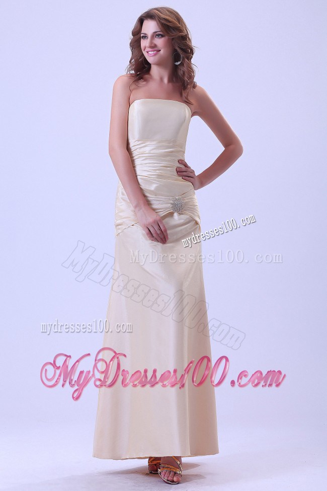 Simple Column Strapless Champagne Beaded Prom Dress Ankle-length