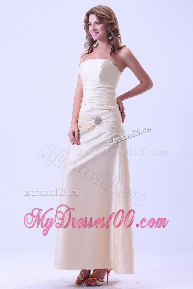 Simple Column Strapless Champagne Beaded Prom Dress Ankle-length