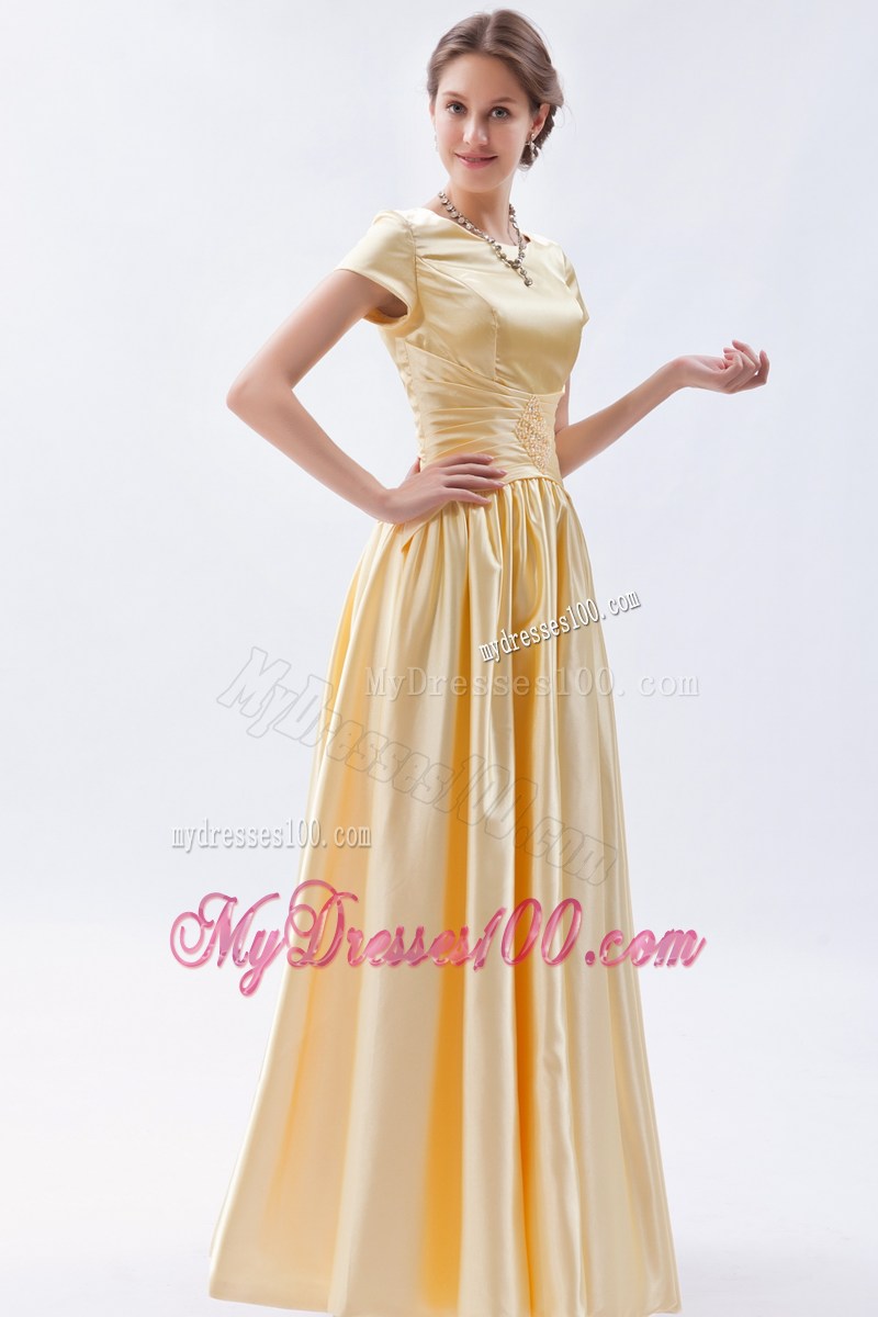 Champagne Column Scoop Prom Dresses Floor-length Short Sleeves