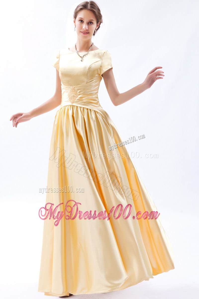Champagne Column Scoop Prom Dresses Floor-length Short Sleeves