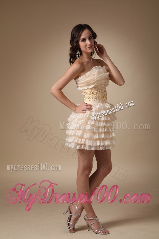 2013 Cute Champagne Strapless Mini-length Beading Prom Dress