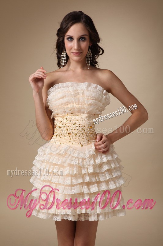 2013 Cute Champagne Strapless Mini-length Beading Prom Dress