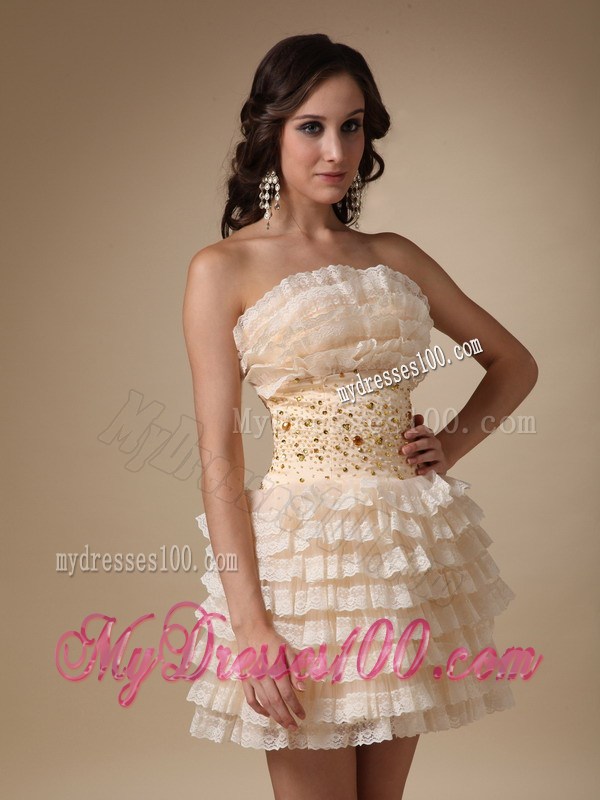 2013 Cute Champagne Strapless Mini-length Beading Prom Dress