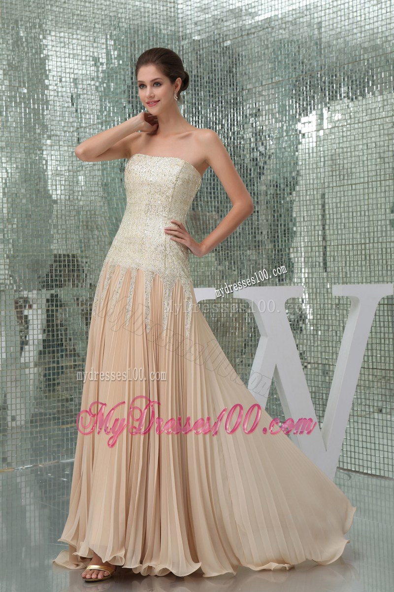 Champagne Strapless Sequins Empire Prom Dress With Brush Train