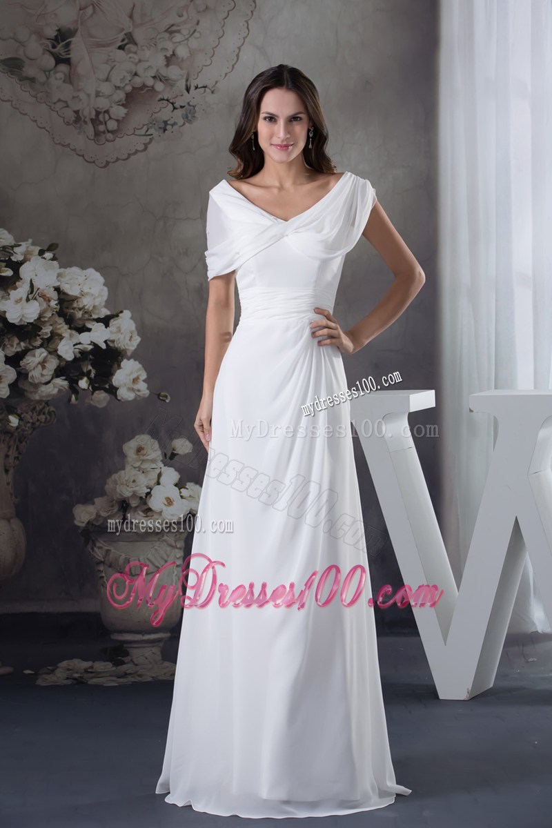 Cheap White Ruching Empire long Prom Dress with V-neck