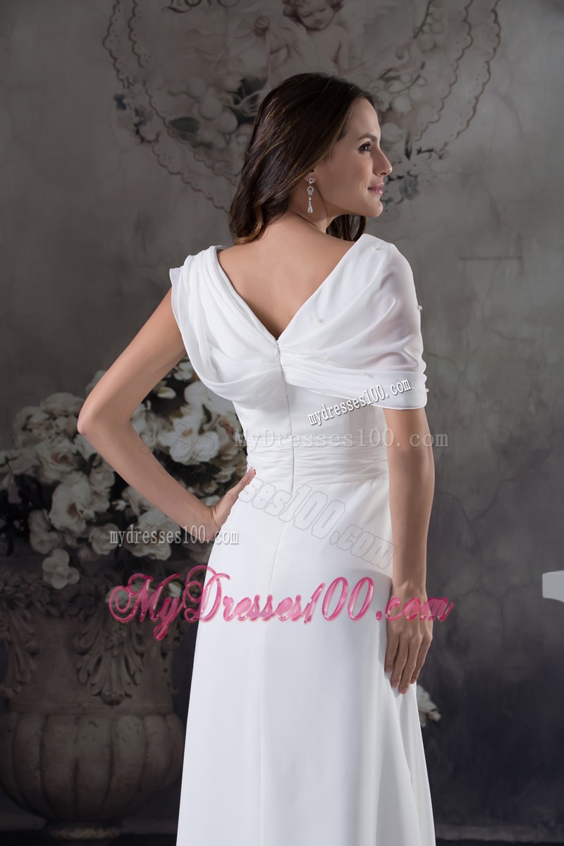 Cheap White Ruching Empire long Prom Dress with V-neck