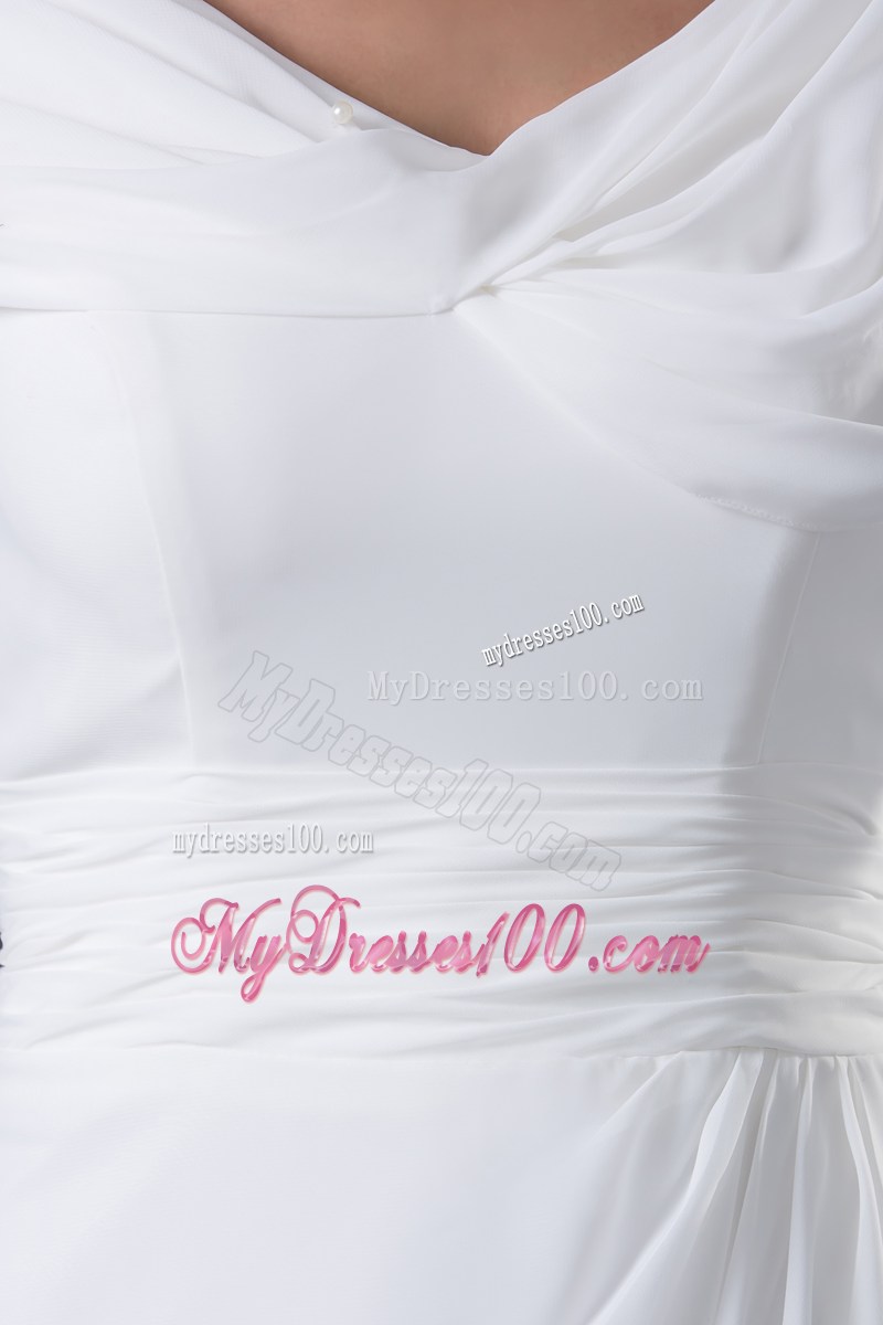 Cheap White Ruching Empire long Prom Dress with V-neck